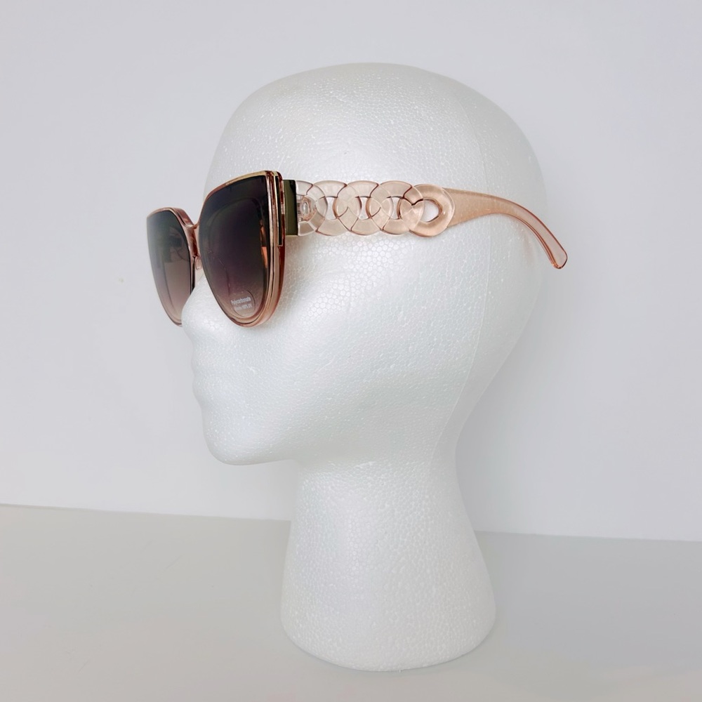 Sunglasses Pink Clear Frame Brown Lens W/Round Link Design Gold Trim Cat Eye NEW